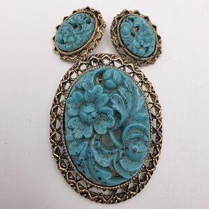 Faux Turquoise Carved Floral Cameo Brooch-Pendant & matching c/o earrings